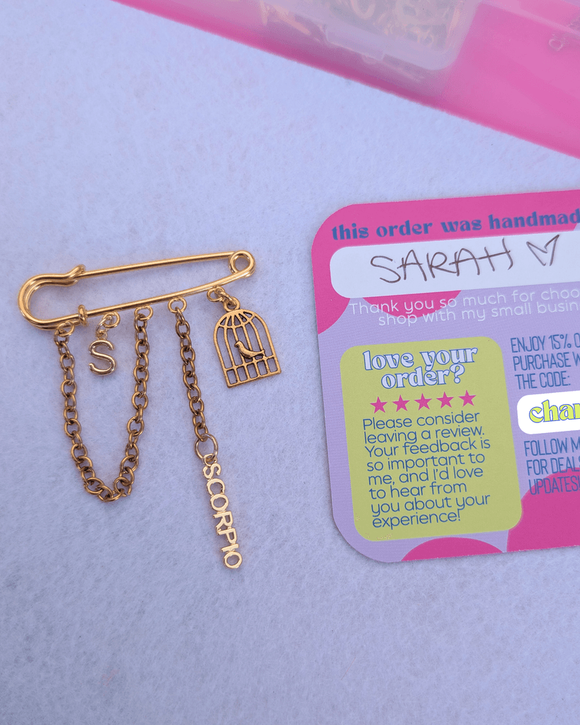 Custom Safety Pin Brooch Example - Sarah