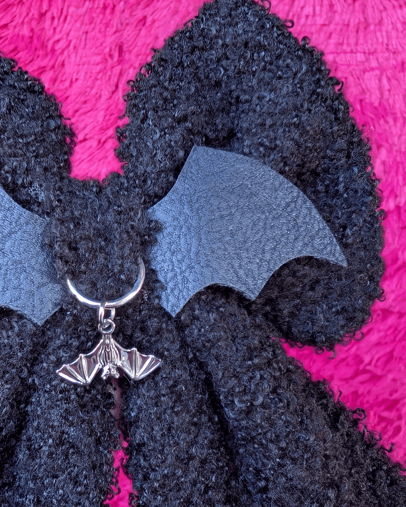 Black Sherpa Halloween Bow with Silver Bat Charm