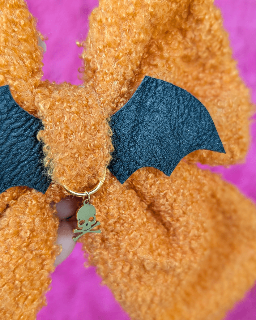 Orange Sherpa Halloween Bow with Gold Bat Charm