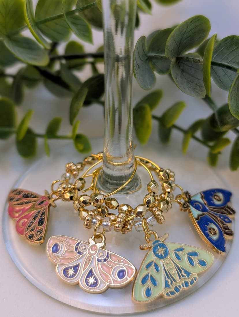 Celestial Moth Themed Stemware Charms - Set of 4
