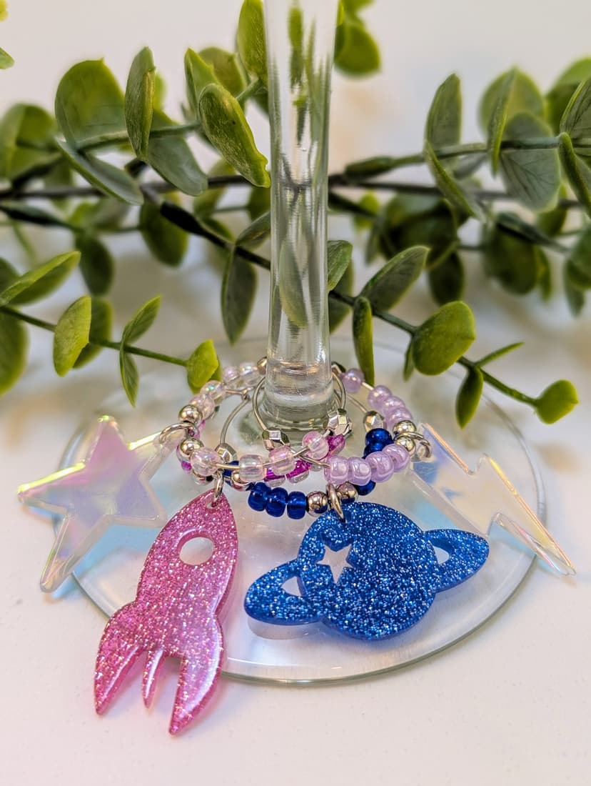 Glittery Acrylic Space Themed Stemware Charms - Set of 4