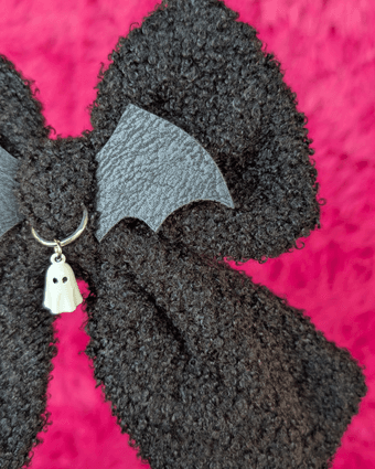 Black Sherpa Halloween Bow with Silver Ghost Charm
