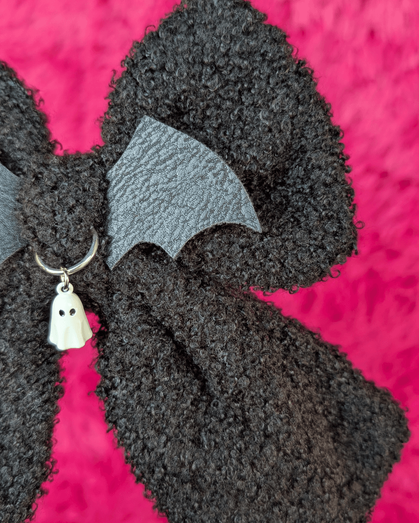 Black Sherpa Halloween Bow with Silver Ghost Charm