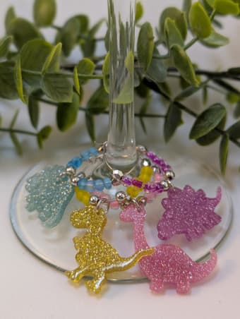 Glittery Acrylic Dinosaur Themed Stemware Charms - Set of 4