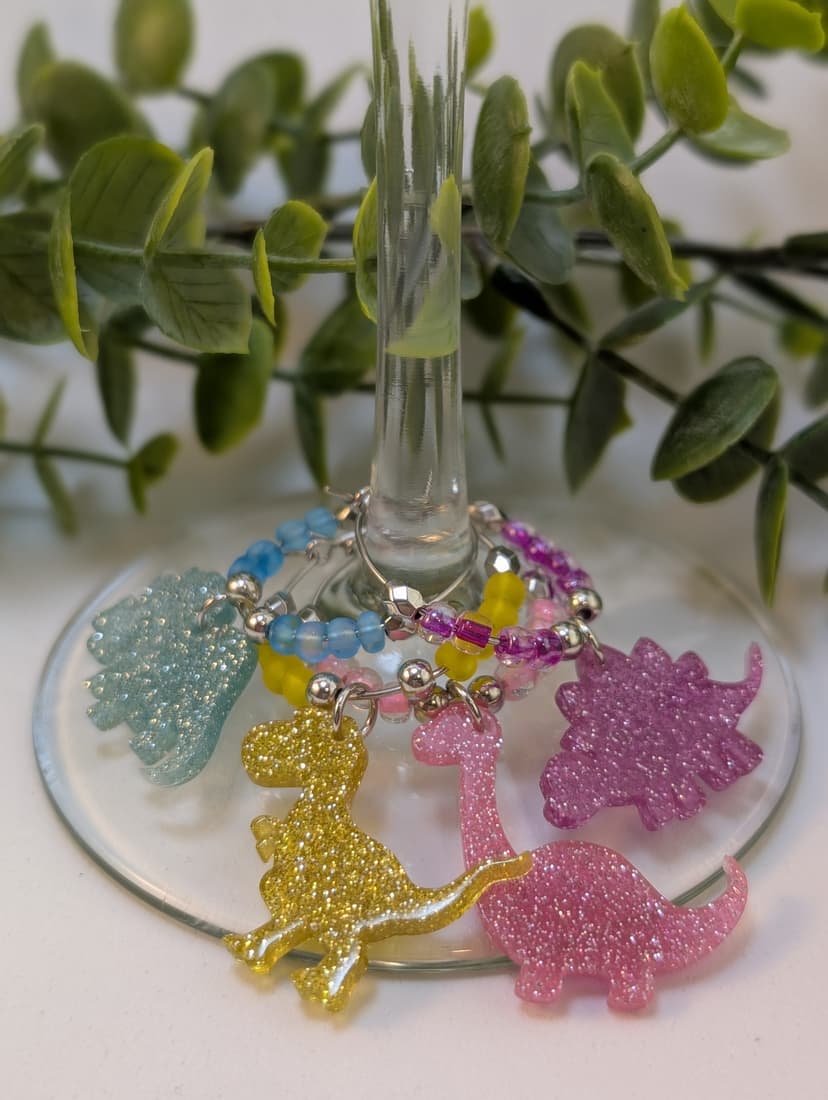 Glittery Acrylic Dinosaur Themed Stemware Charms - Set of 4
