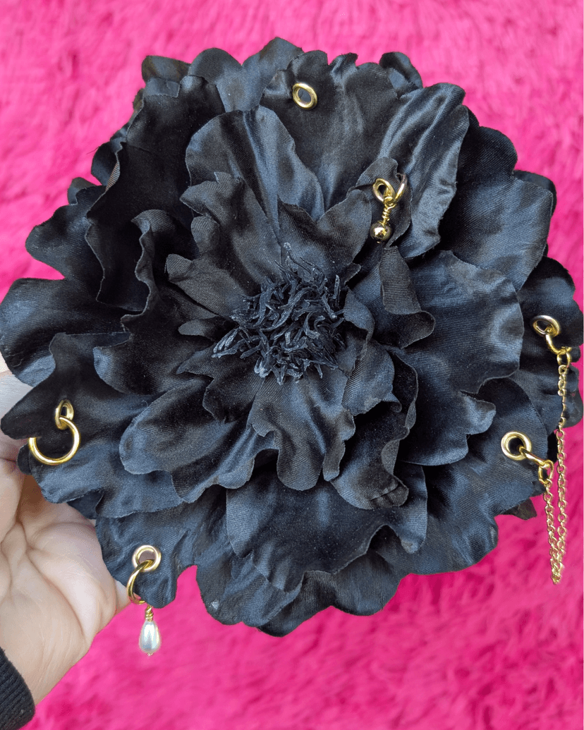 Black Peony Hair Clip with Gold Rivets and Charms