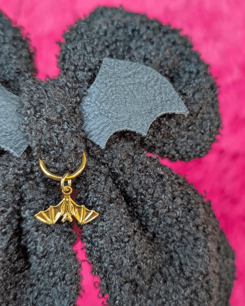 Black Sherpa Halloween Bow with Gold Bat Charm